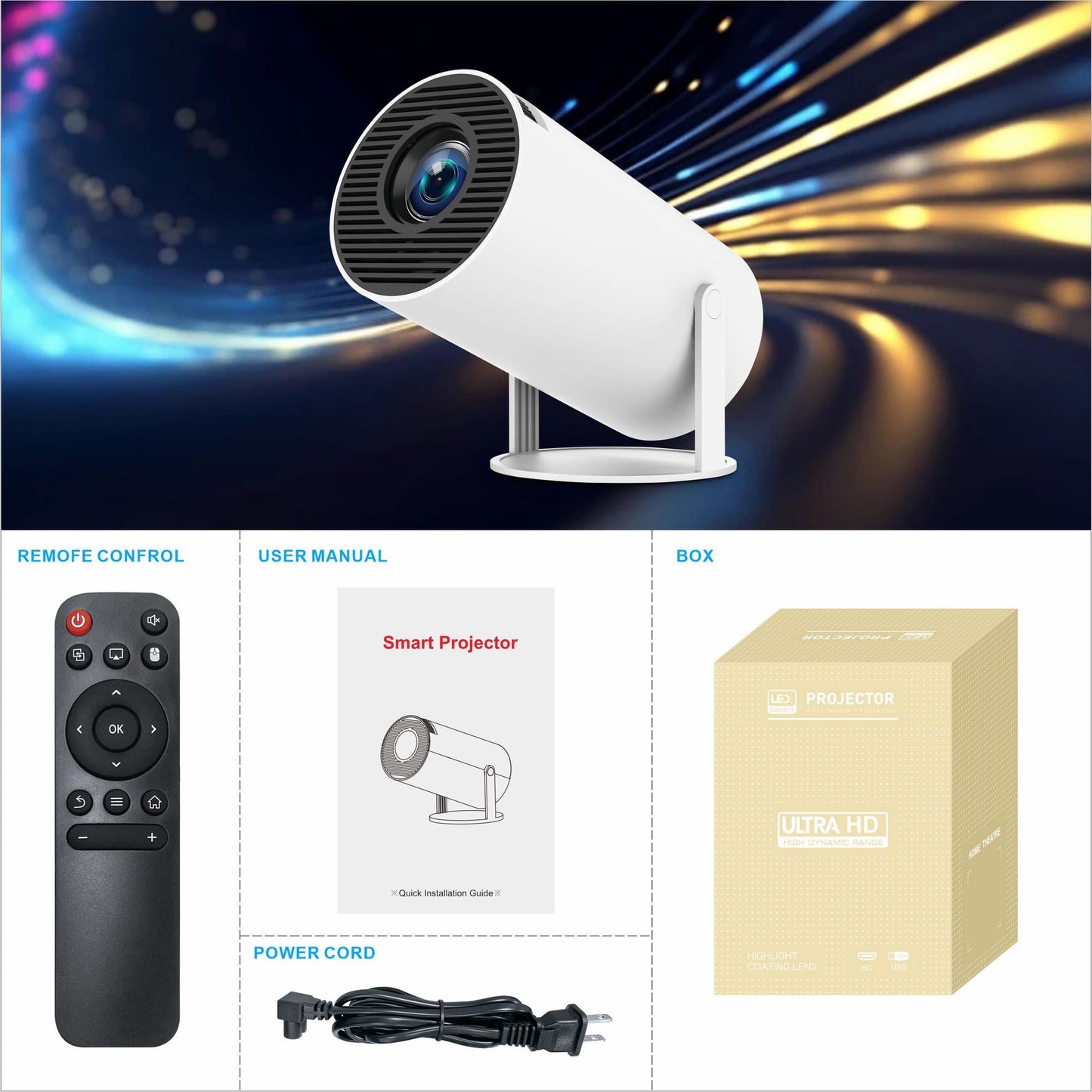 HY300Pro+ 高清家庭投影機 170流明 720P解像度 支援藍牙 Wi-Fi 手動對焦 支援1080P及4k解碼 投影機家用 (連支架)