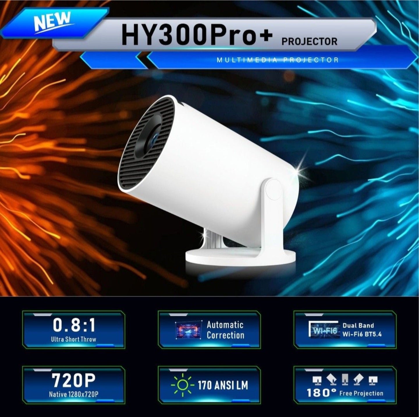 HY300Pro+ 高清家庭投影機 170流明 720P解像度 支援藍牙 Wi-Fi 手動對焦 支援1080P及4k解碼 投影機家用 (連支架)